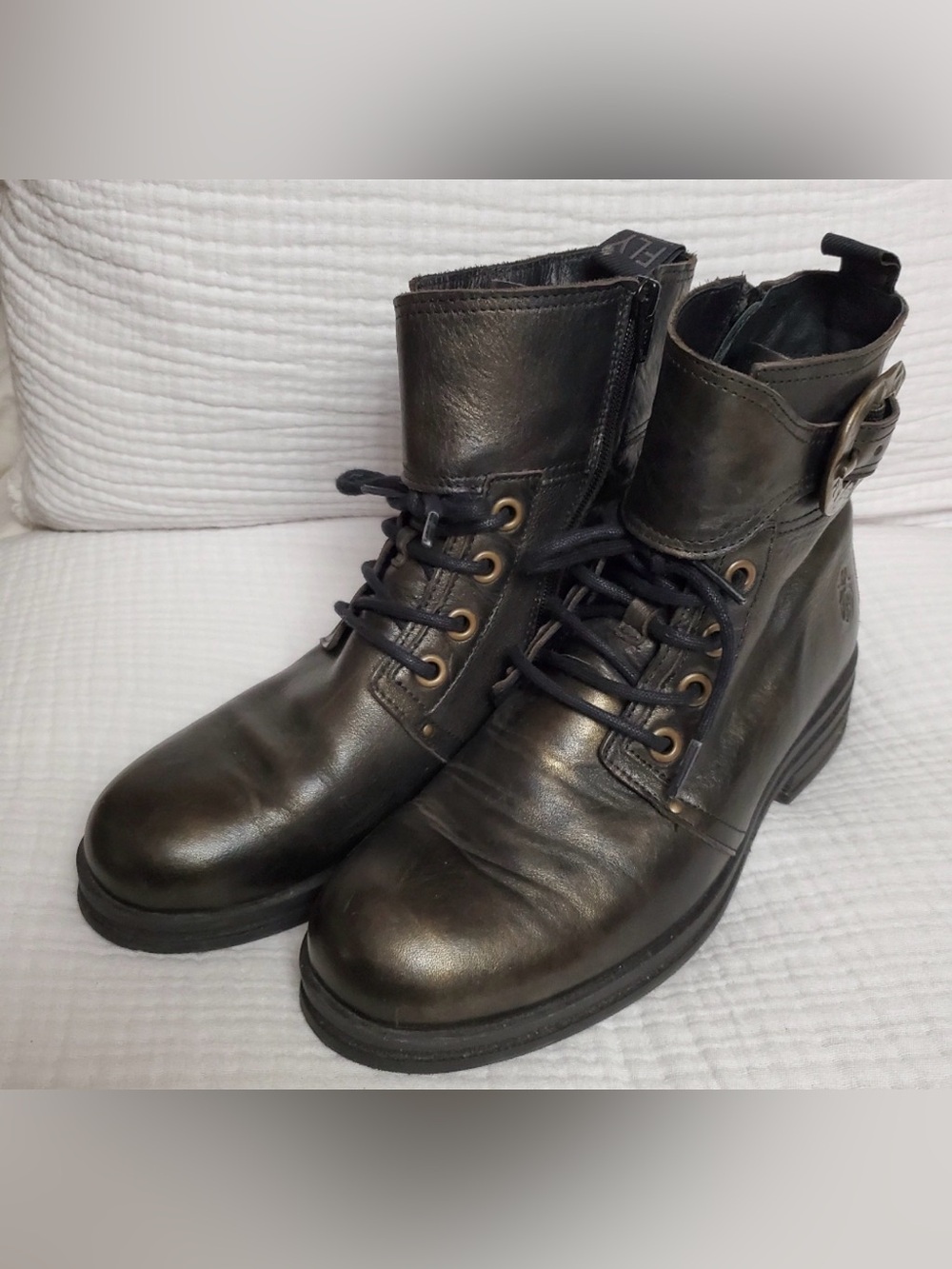 Fly London Metallic Bronze Leather Buckle Lace Up Combat Ankle Boots Size 10